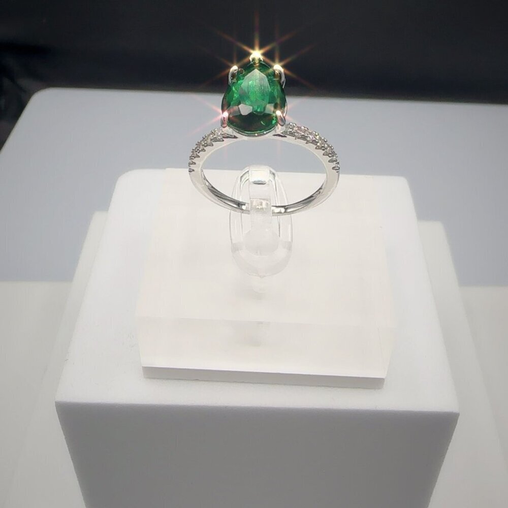 Sterling Silver Ring With Pear-Cut Green Gemstone & Pave Accent Stones Size 7